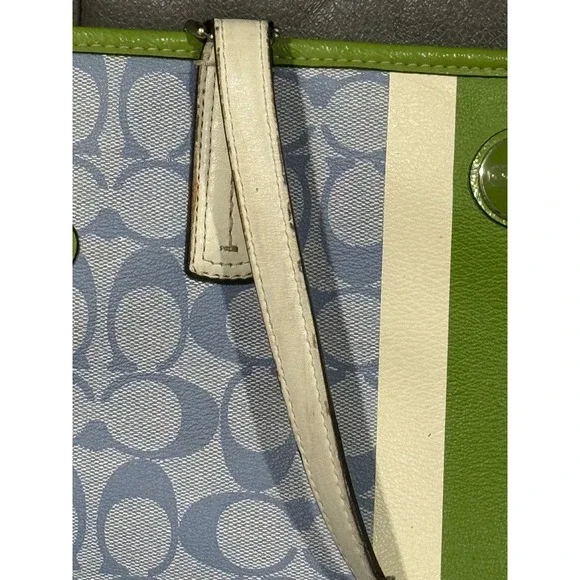 Coach Signature Monogram Tote Bag Blue Green White Leather Trim 15" by 11" - Picture 3 of 11